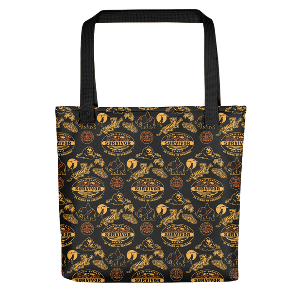 Survivor 20 Years 40 Seasons All Over Black and Yellow Tribal Pattern Premium Tote Bag | Official CBS Entertainment Store