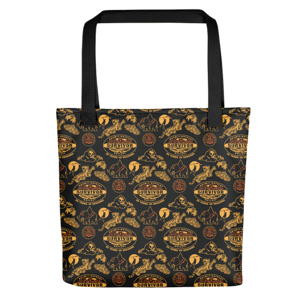 Survivor 20 Years 40 Seasons All Over Black and Yellow Tribal Pattern Premium Tote Bag