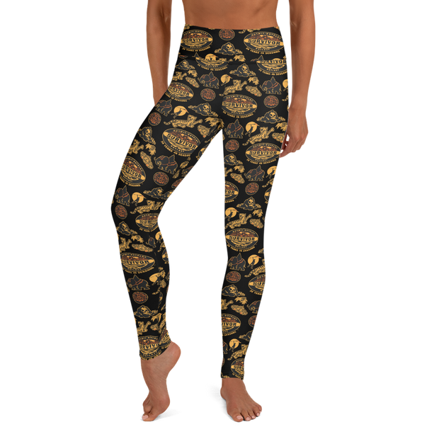 Survivor 20 Years 40 Seasons All Over Black and Yellow Tribal Pattern Women's All-Over Print Yoga Leggings