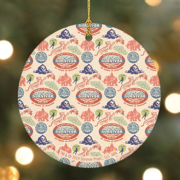 Survivor 20 Years 40 Season All Over Color Logo Pattern Round Ceramic Ornament | Official CBS Entertainment Store