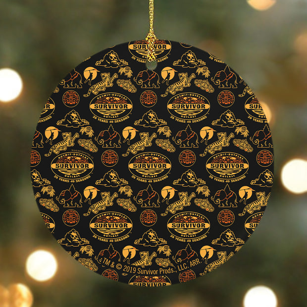 Survivor 20 Years 40 Season All Over Black & Yellow Tribal Pattern Round Ceramic Ornament | Official CBS Entertainment Store