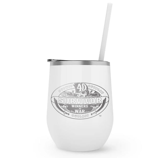 Survivor Season 40 Winners at War Logo 12 oz Stainless Steel Wine Tumbler with Straw | Official CBS Entertainment Store