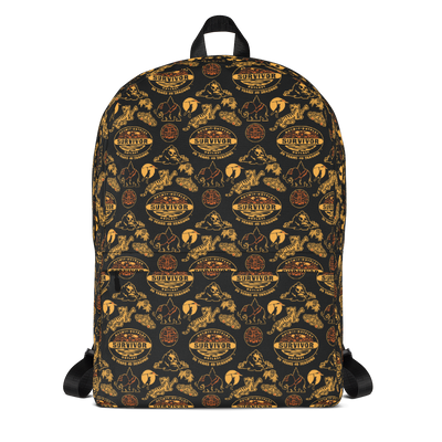 Survivor 20 Years 40 Seasons All Over Black and Yellow Tribal Pattern Premium Backpack