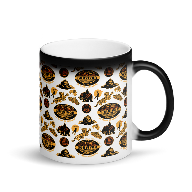 Survivor 20 Years 40 Seasons All Over Black and Yellow Tribal Pattern 11 oz Black Color Changing Mug | Official CBS Entertainment Store