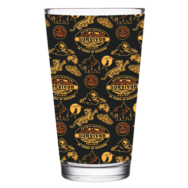 Survivor 20 Years 40 Seasons All Over Black and Yellow Tribal Pattern 17 oz Pint Glass